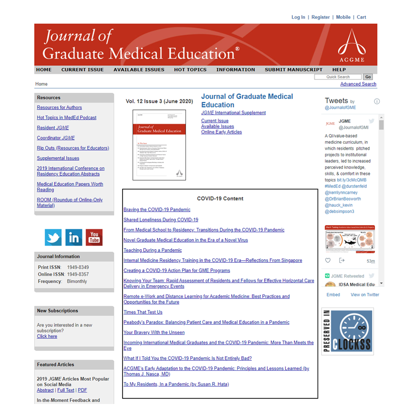 JGME.org homepage screenshot, featuring COVID-19 content